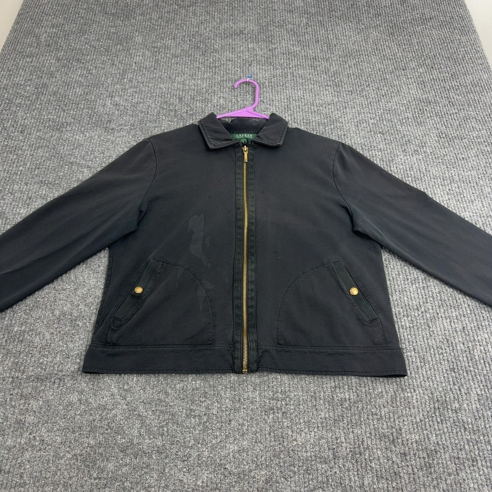Lauren Ralph Lauren Full Zip Jacket Womens L Black Cotton Gold Hardware Classic